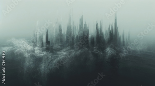 A hauntingly calm scene of soot floats reminiscent of a peaceful ocean but with the ashy remnants of a city skyline.