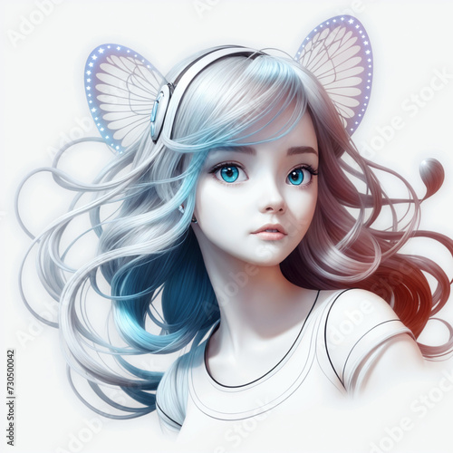 Portrait of a girl with pink-blue hair and a headband with wings. Tender young woman with big eyes. Cartoon or game character. Cartoon style.