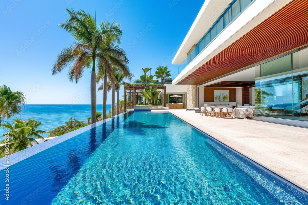 Modern beachfront house with pool on ocean shore.