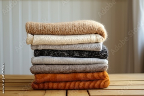 Cashmere clothing piled on a wood table