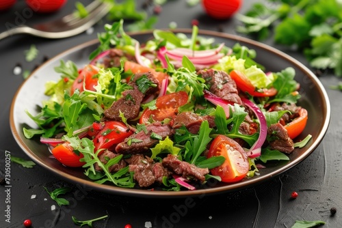 Combine salad tomatoes and beef on a dark plate