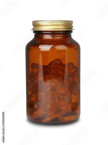 Jar with vitamin capsules isolated on white