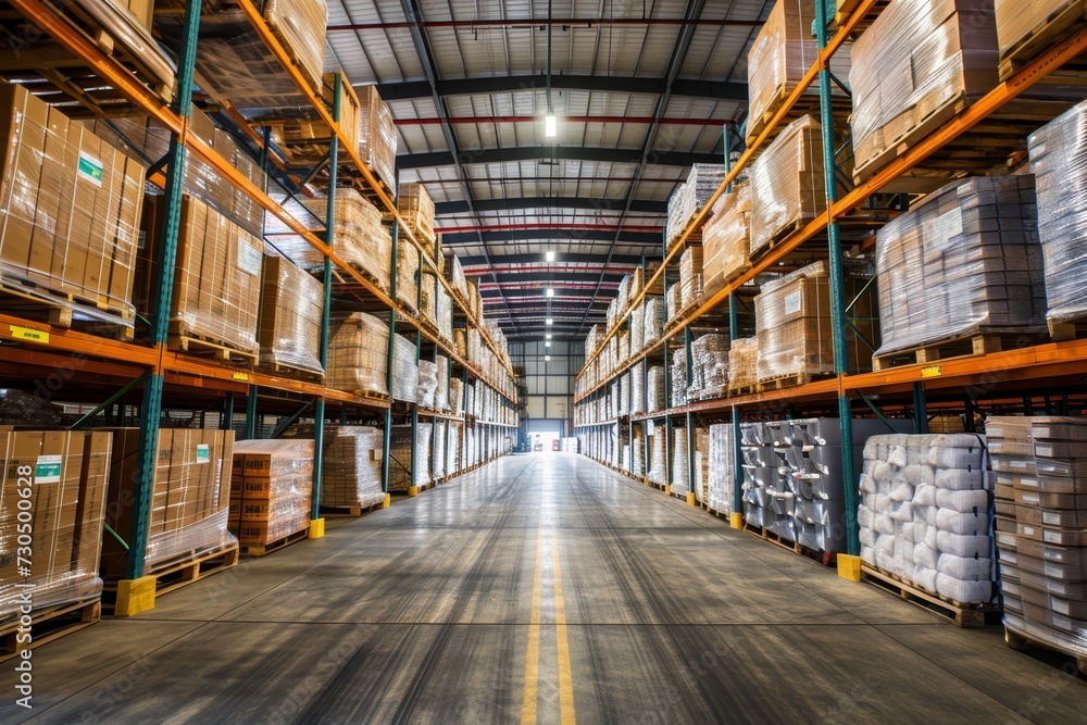 Fototapeta premium Warehouse with high shelving and boxes.