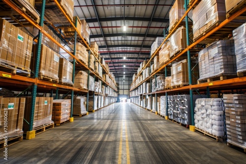 Warehouse with high shelving and boxes.