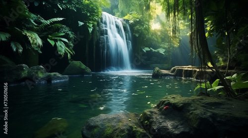 Beautiful waterfall in midle tropical forest wiht natural pool green water photo
