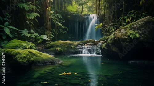Beautiful waterfall in midle tropical forest wiht natural pool green water