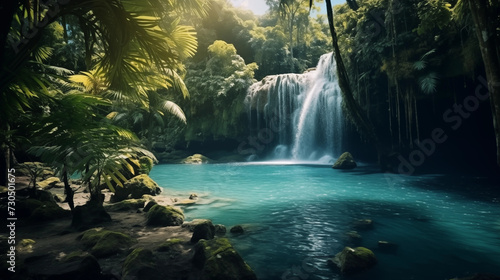 Beautiful waterfall in midle tropical forest wiht natural pool green water photo
