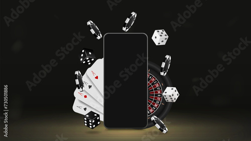 A web banner with a smartphone with roulette, cards, chips and dice for a casino on a dark golden background.
