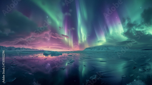 Dazzling aurora fill the sky at the North Pole  creating an extraordinary sight among shining icebergs and snow  Ai generated images