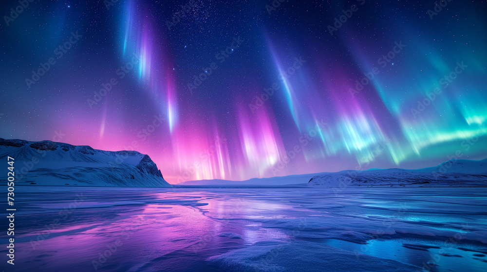 The sky is filled with dazzling auroras, colorful colors dance in the night sky, displaying intricate and sparkling patterns, Ai Generated Images