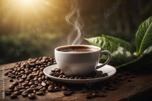 A white cup of freshly brewed coffee, surrounded by dark coffee beans, sits on a rustic wooden board.