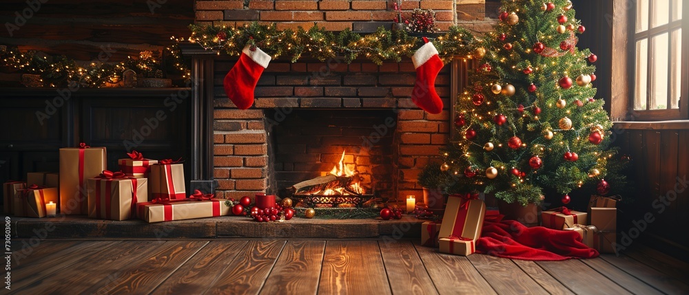 Artistic Christmas Tree and Gifts by Fireplace

