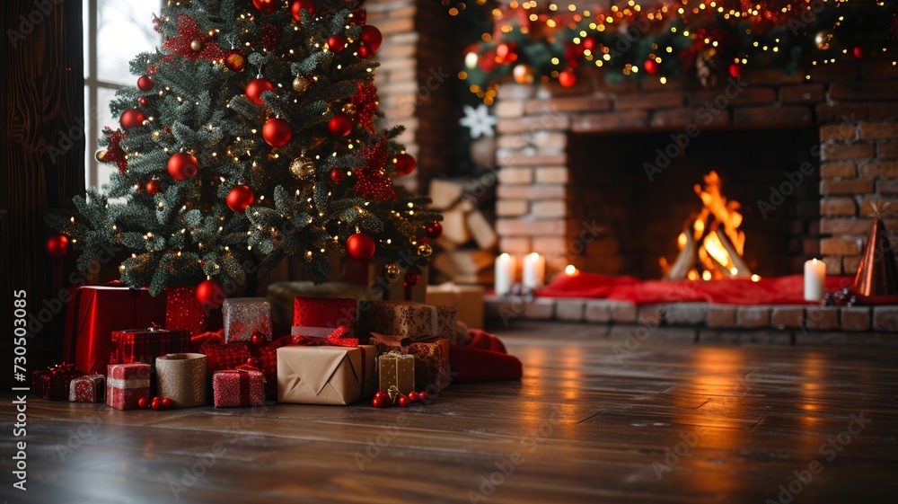 Artistic Christmas Tree and Gifts by Fireplace


