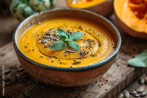 Pumpkin Cream Soup with Herbs in Vintage Bowl

