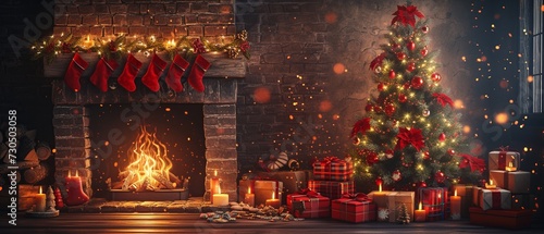 Artistic Christmas Tree and Gifts by Fireplace