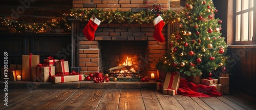 Artistic Christmas Tree and Gifts by Fireplace