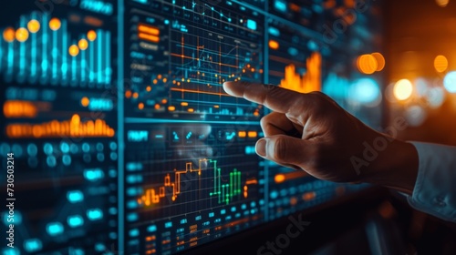 Businessman hand pointing finger to growth success finance business chart of metaverse technology financial graph investment diagram on analysis stock market background with digital economy exchange
