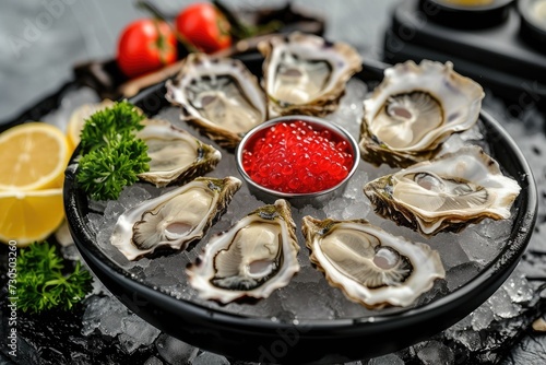 Tray of iced oysters with lemon sauce and caviar in a restaurant