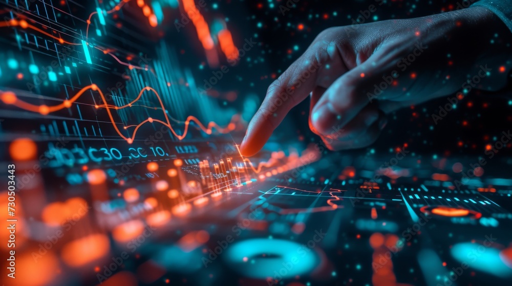 Businessman hand pointing finger to growth success finance business chart of metaverse technology financial graph investment diagram on analysis stock market background with digital economy exchange Businessman hand pointing finger to growth success finance business chart of metaverse technology financial graph investment diagram on analysis stock market background with digital economy exchange