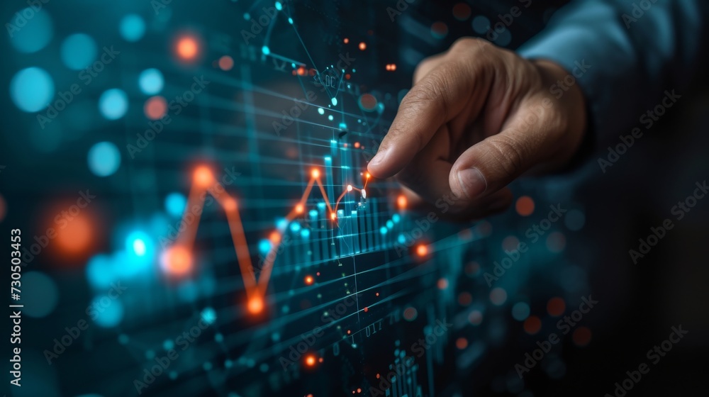 Businessman hand pointing finger to growth success finance business chart of metaverse technology financial graph investment diagram on analysis stock market background with digital economy exchange Businessman hand pointing finger to growth success finance business chart of metaverse technology financial graph investment diagram on analysis stock market background with digital economy exchange