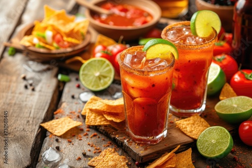 Michelada cocktail Spicy rim tomato juice lime and nacho chips