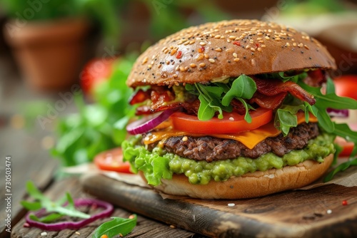 Guacamole beef burger with cheesy bacon on wood background