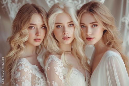 Three stunning brides in white wedding gowns with unique ultra blond hair colors styled in fashionable curly hairstyles at a salon using cosmetics and makeup