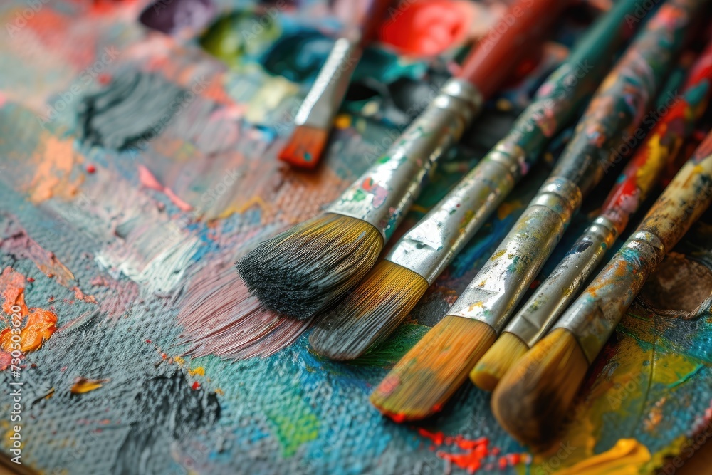 Fototapeta premium Using art tools to paint with brushes on a pallet