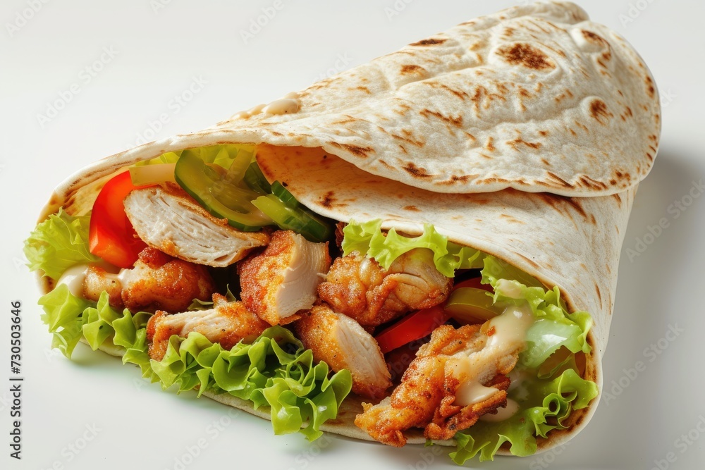 Fried chicken meat and vegetables in a tortilla wrap on a white background Fried chicken meat and vegetables in a tortilla wrap on a white background
