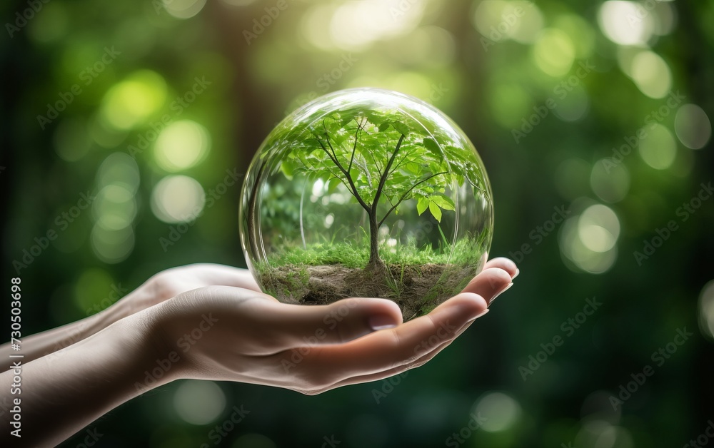 With a blurred green nature background, a hand gently grasps a glass globe containing a growing tree, highlighting the essence of eco-consciousness.
With a blurred green nature background, a hand gently grasps a glass globe containing a growing tree, highlighting the essence of eco-consciousness.