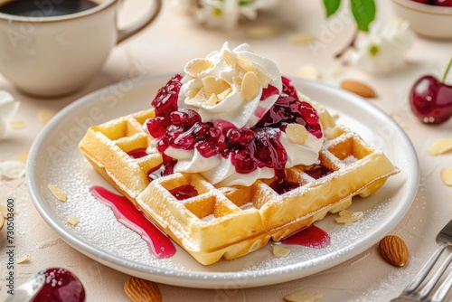 Sweet morning breakfast with Belgian waffles sour cream cherry jam almond petals and coffee on a beige kitchen background
