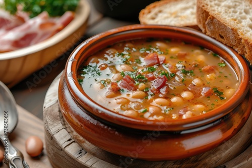 Typical Brazilian dish Bean soup with herbs bacon and bread in a porcelain bowl photo