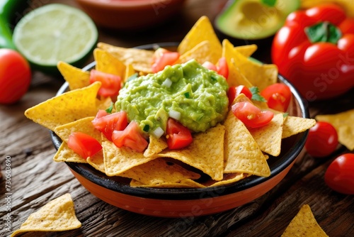 Mexican style nachos with guacamole a classic dish