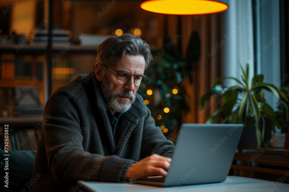 Thoughtful Senior Professional Working on Laptop in Cozy Evening Atmosphere Thoughtful Senior Professional Working on Laptop in Cozy Evening Atmosphere