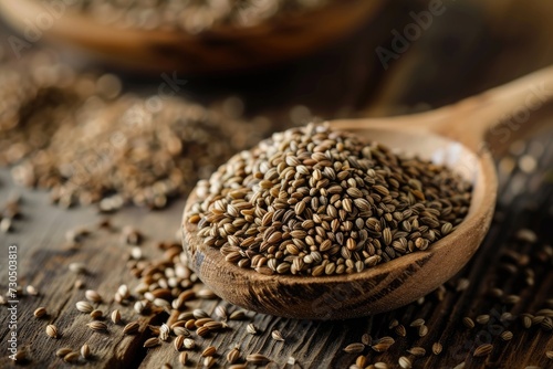 Selective focus on wooden background with spoon holding celery seeds