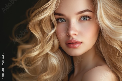 Gorgeous girl with perfectly curled blonde hair and classic makeup Captured in a studio photo
