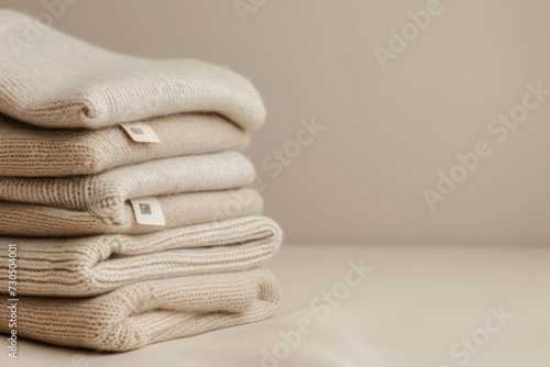 Cashmere clothes with label and tag on beige background along with merino wool and organic baby clothes all on a stack Copy space available photo