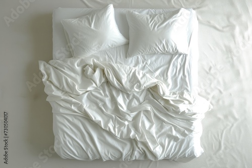 Isolated white duvet cover on bed seen from above in a bedroom