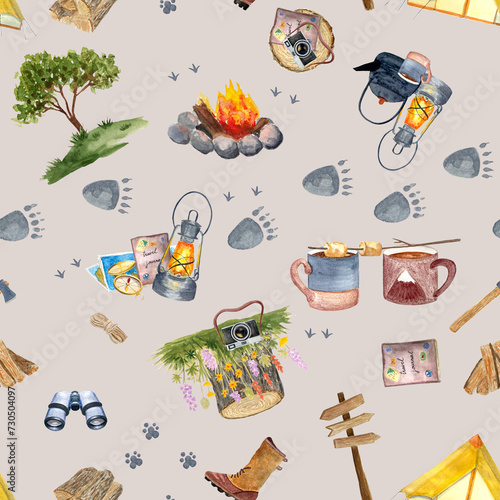 Watercolor adventure camping seamless multidirectional pattern on pinkish grey background