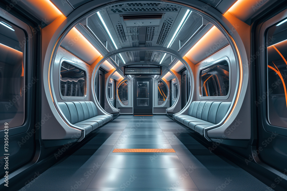 Modern futuristic interior cabin train metro subway in an urban environment AI Generative