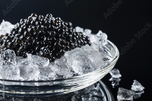 Luxurious icy plate holds sturgeon caviar reflecting on a black backdrop