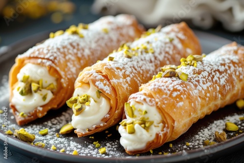 Italian pastry consisting of homemade cannoli filled with ricotta cheese cream and Sicilian pistachios photo