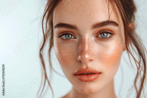 Fashionable slender woman with a beautiful face posing in a studio for a portrait on a white background emphasizing plastic surgery and aesthetic cosmetology