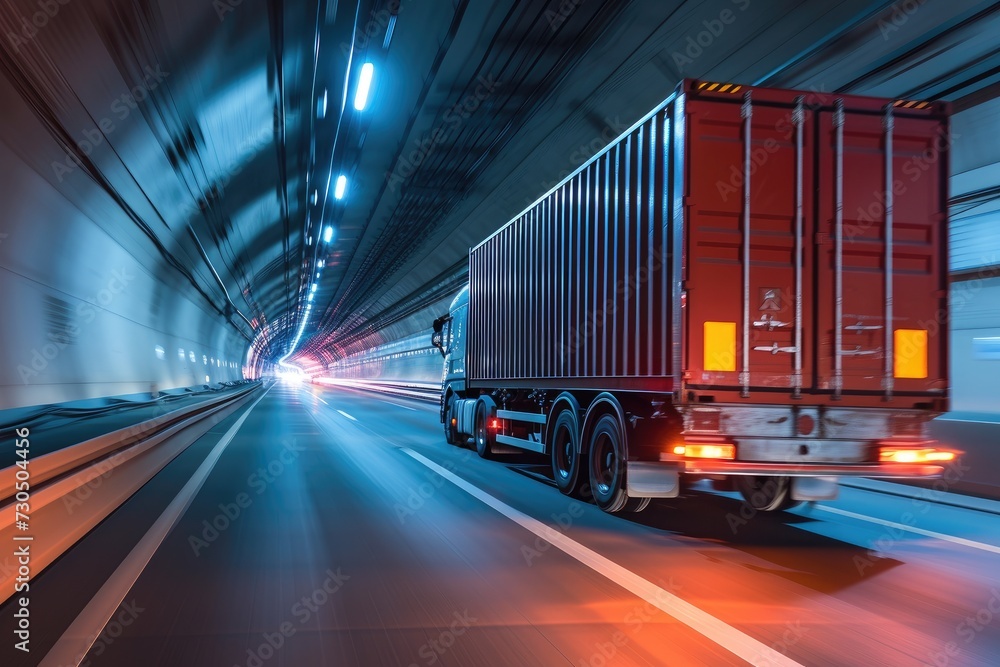 Speeding semi truck hauling cargo going through tunnel Lorry driver maneuvers modern vehicle beneath bridge - obrazy, fototapety, plakaty 