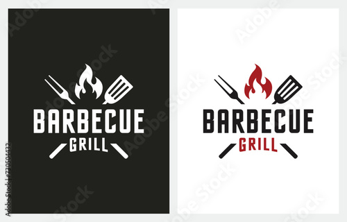 Vintage Grill Barbeque BBQ with Fork and Fire Flame logo design inspiration