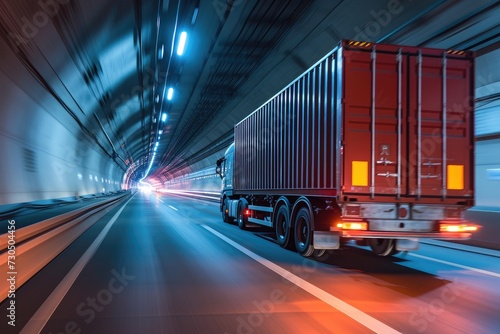 Speeding semi truck hauling cargo going through tunnel Lorry driver maneuvers modern vehicle beneath bridge photo
