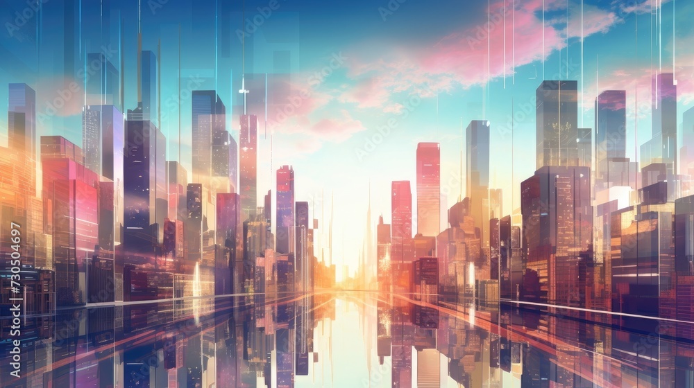 Colorful, contemporary cityscape with futuristic touches, showcasing urban development. - obrazy, fototapety, plakaty 