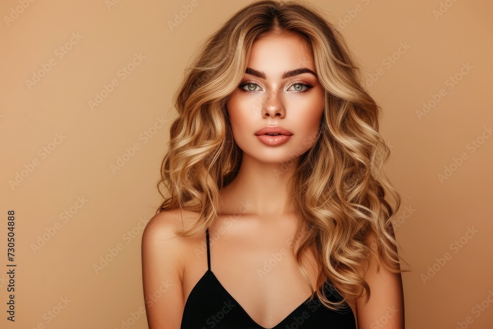 Naklejka premium Gorgeous blonde woman with elegant black dress isolated on beige background She has long curly hairstyle and emphasizes care and beauty in her hair
