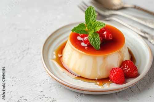 Caramel panna cota dessert on light background ideal for menu or recipe Top view with space for text photo