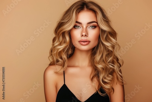 Gorgeous blonde woman with elegant black dress isolated on beige background She has long curly hairstyle and emphasizes care and beauty in her hair